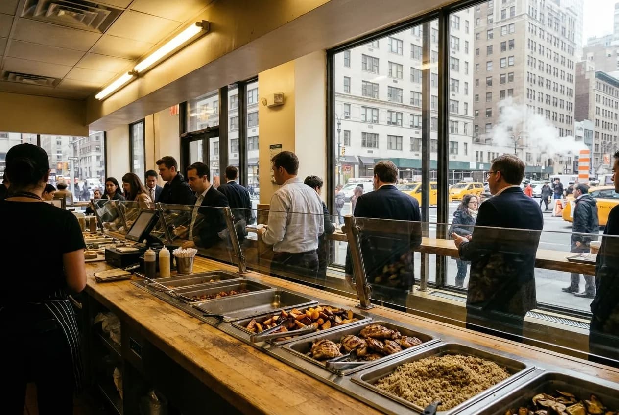 Bright fast-casual counter with open steam table of vegetables and proteins, clean assembly line, and natural light through large front windows