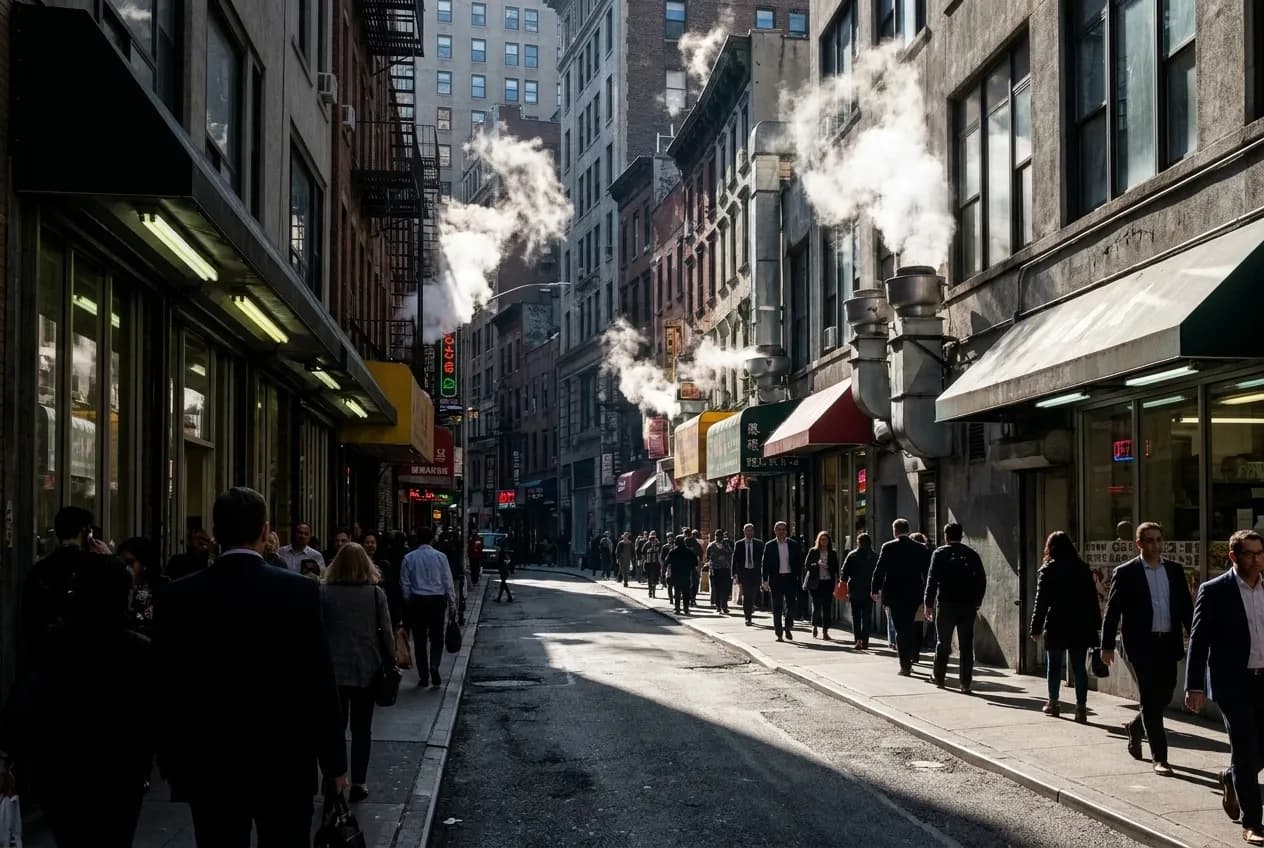 Narrow Chinatown street with tall buildings casting shadows over steaming storefronts and pedestrians walking past neon signs at midday