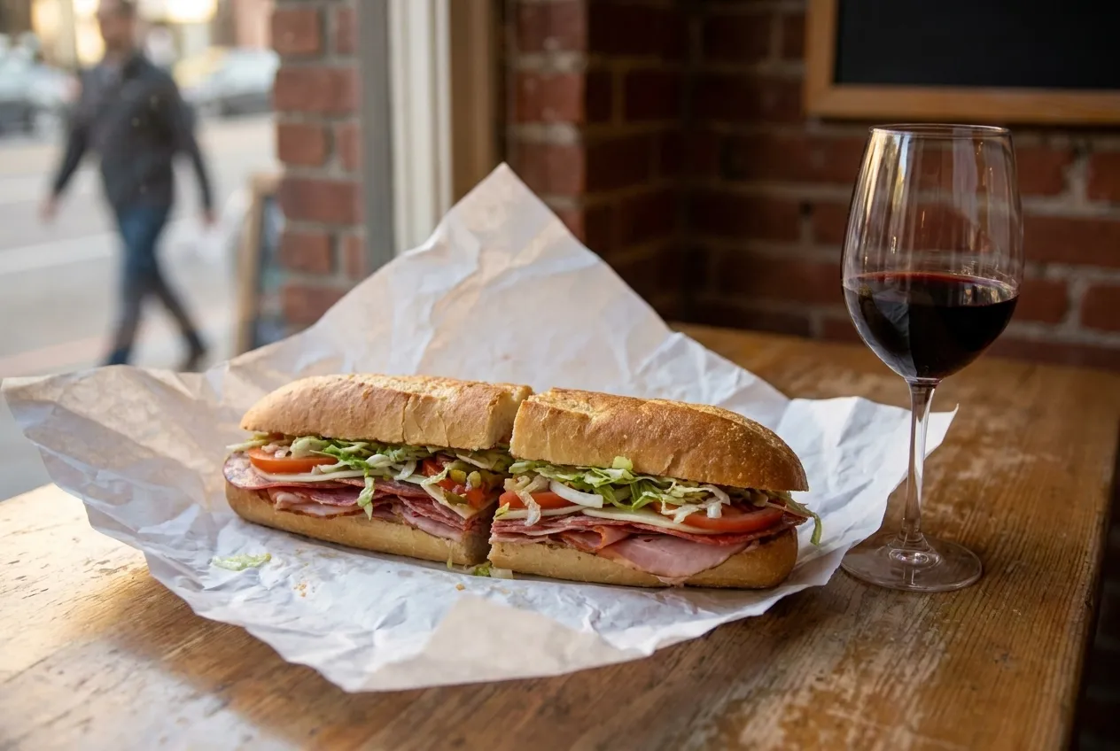 A long Italian hoagie sandwich cut into sections on butcher paper beside a glass of wine