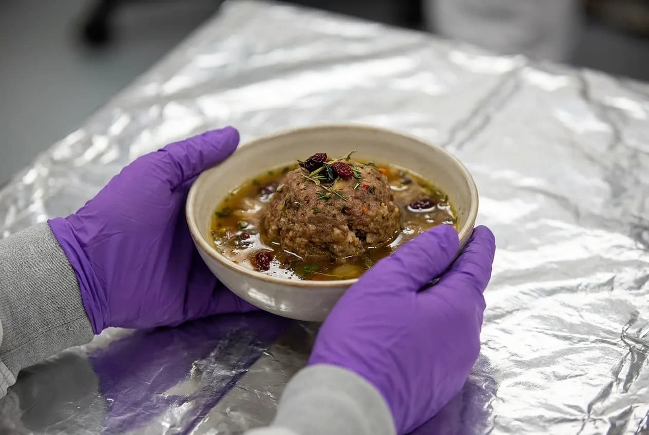A large meatball in broth with herbs and dried berries in a shallow bowl