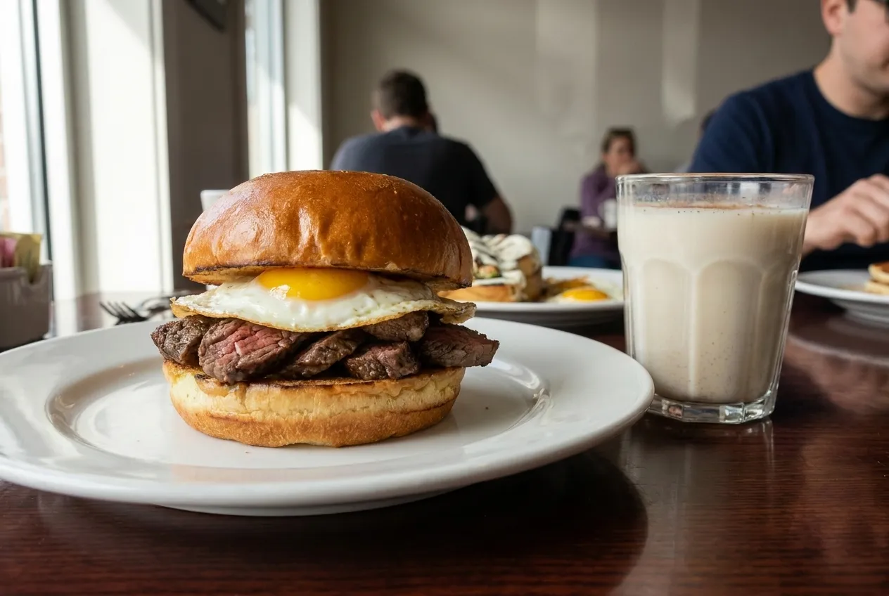 A breakfast sandwich with egg and steak on a plate beside a glass of horchata