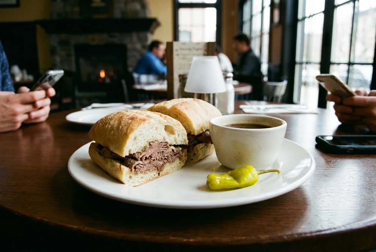 Roast beef dip sandwich cut in half with au jus cup on white plate