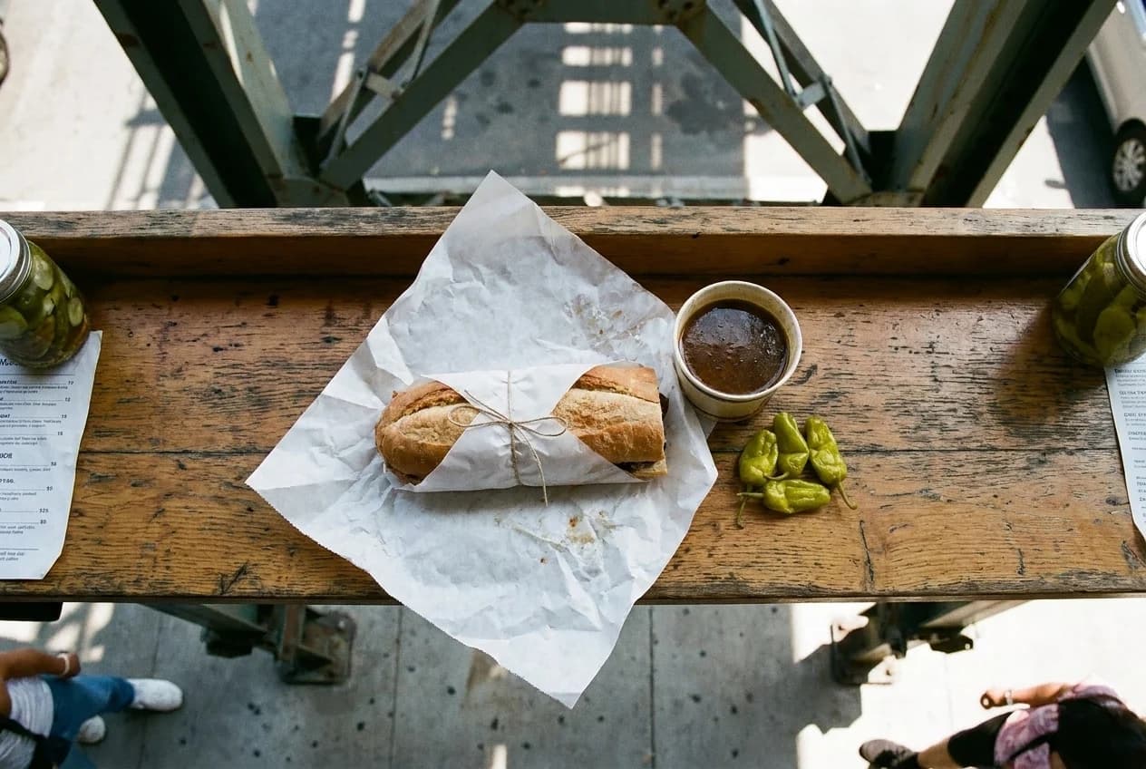 Wrapped sandwich with jus and pepperoncini on wooden counter, overhead view