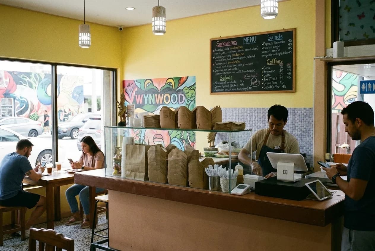 Lunch counter with sneeze guard and handwritten menu board in Wynwood cafe