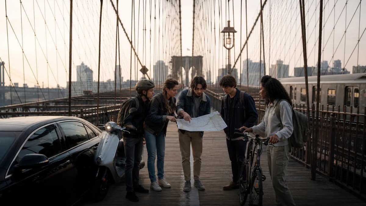 Photorealistic group decision scene showing when to use Karpo and when to use Lyft.