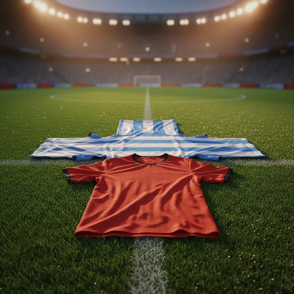 Two soccer jerseys in sky blue and red laid overlapping on a green World Cup pitch