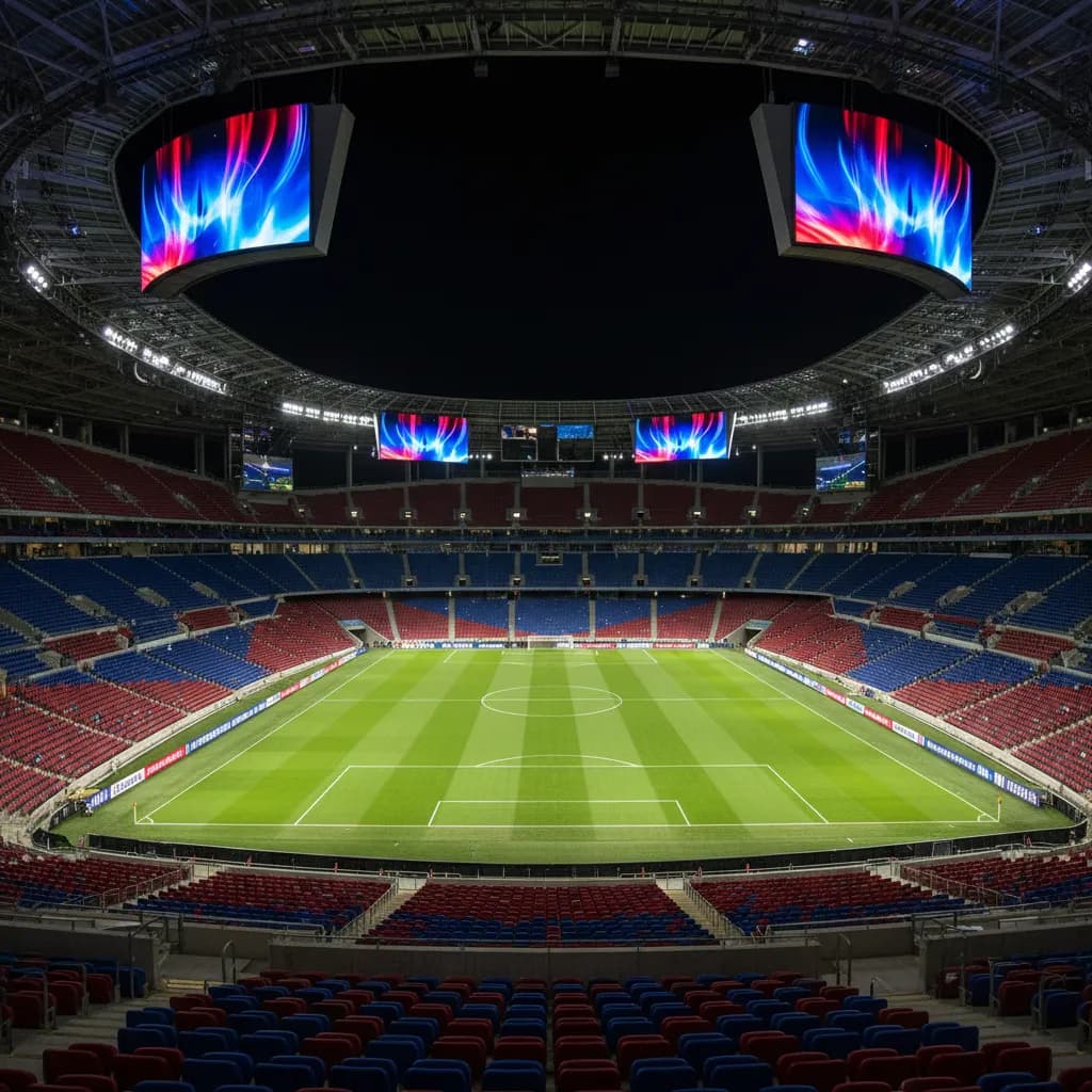 Two soccer jerseys in sky blue and red laid overlapping on a green World Cup pitch
