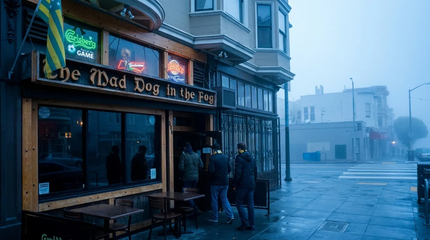 Mad Dog in the Fog English pub exterior on Haight Street in San Francisco with outdoor seating visible