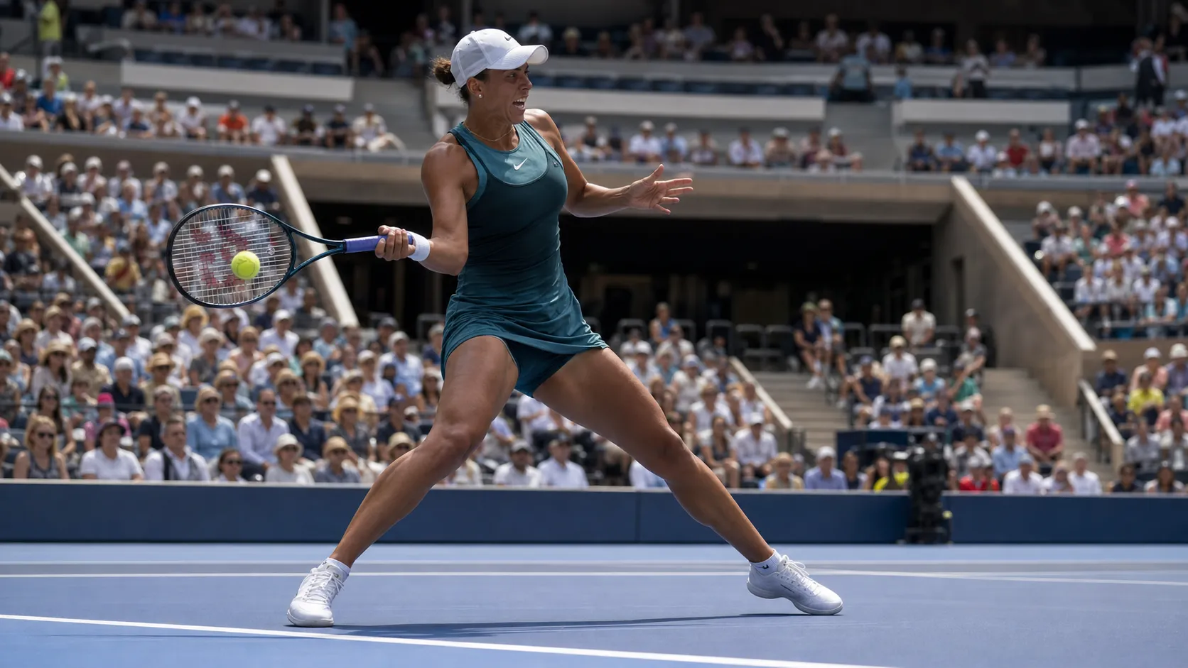 Photorealistic US Open tennis scene for Madison Keys and the Forehand Formula for US Open Success.