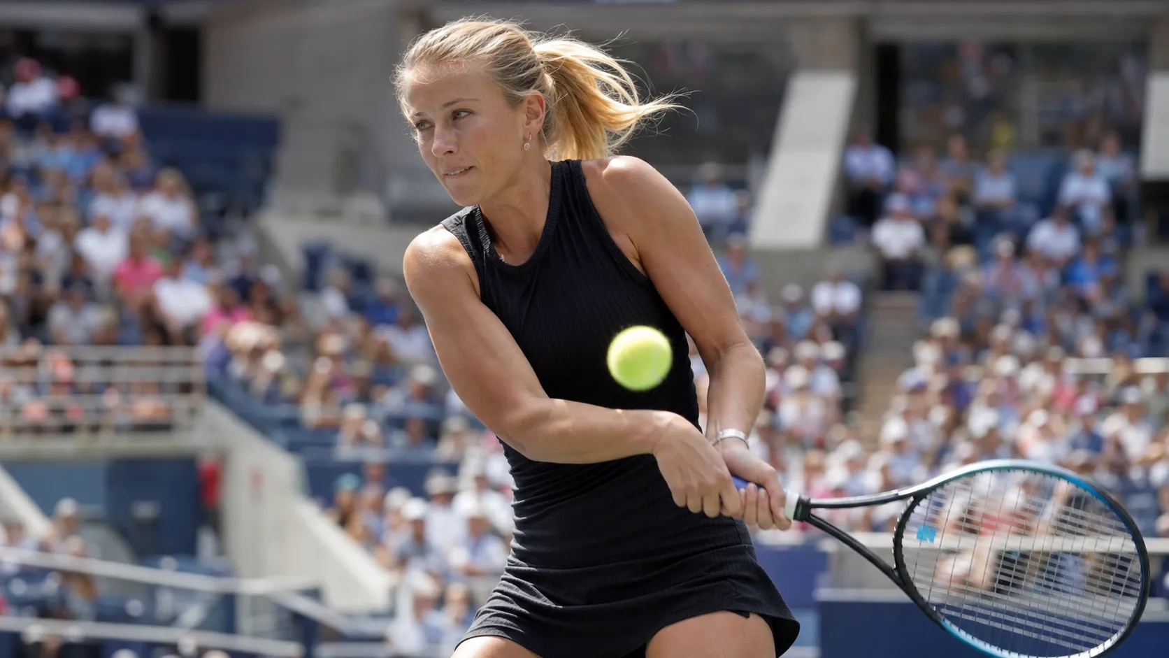 Photorealistic tennis scene illustrating Madison Keys and the Forehand Formula for US Open Success.