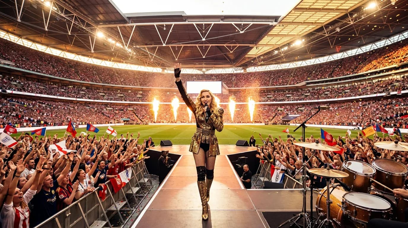 Bright editorial cover for Madonna Opened Football’s First Mid-Match Stadium Spectacle
