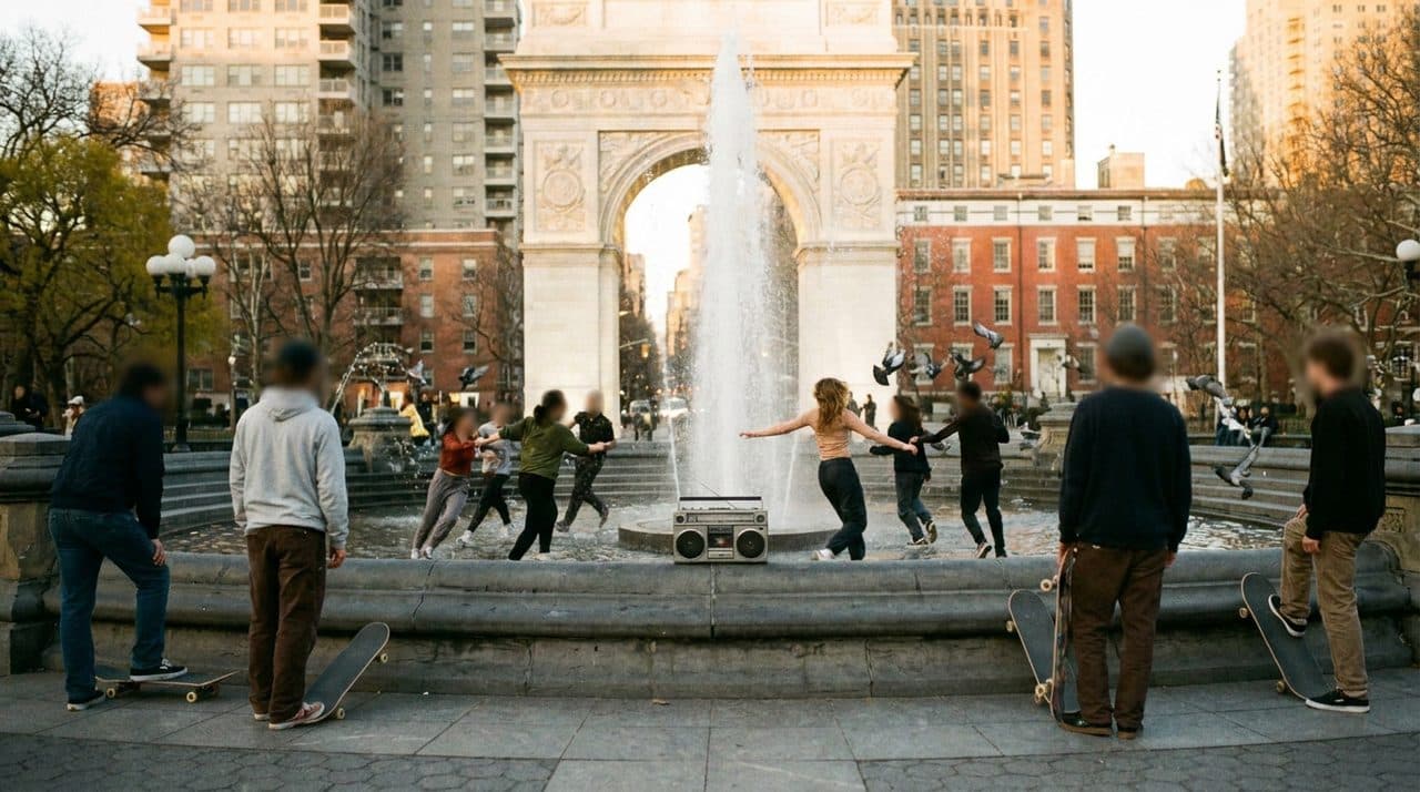 Madonna Throwback Dance Circles Form Free Around the Fountain - scene
