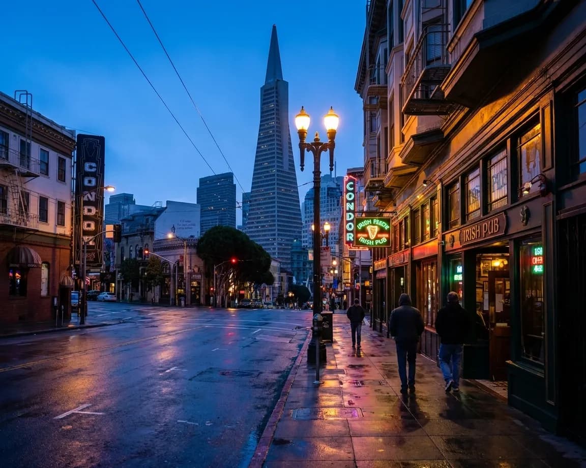 Grant Avenue in San Francisco's North Beach neighborhood at dawn, Irish pub storefronts along narrow street