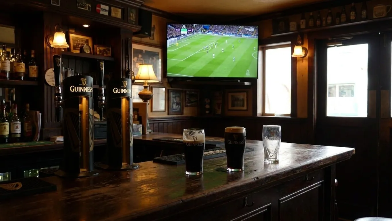 Dark wood bar with Guinness taps and sports screens in Irish pub interior
