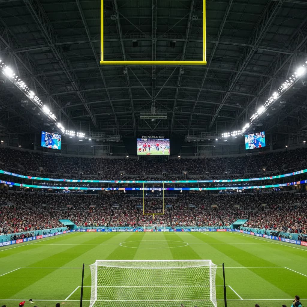 NRG Stadium interior showing soccer pitch with NFL goalposts visible