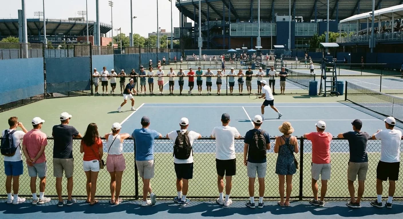 An outer court at a Queens tennis centre during qualifying week, two players mid-rally with thirty spectators standing along a chain-link fence in the sun