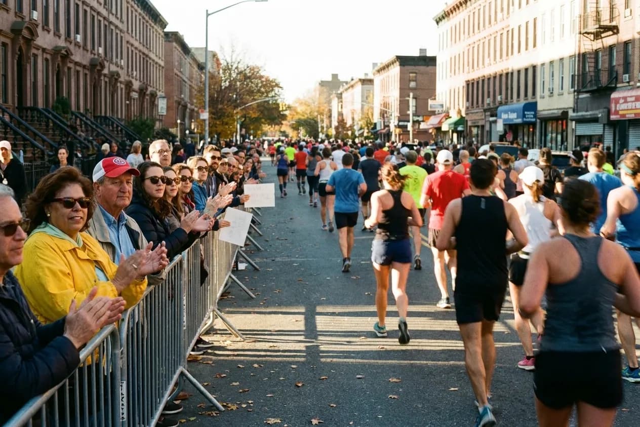 A dense stream of marathon runners filling a Brooklyn avenue with spectators three deep behind metal barriers clapping in autumn light
