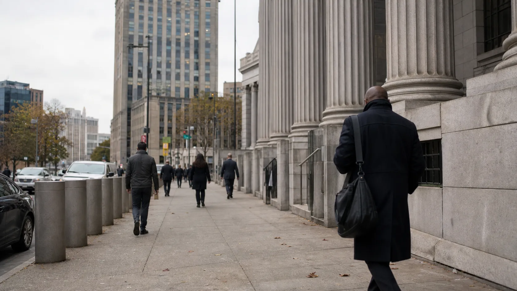 Pedestrians walking near civic buildings in Lower Manhattan.