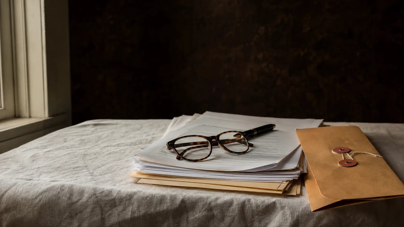 Generic legal documents, pen and glasses arranged on a desk for records review.