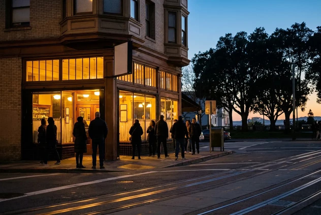 A North Beach restaurant corner at dusk with warm light spilling onto the street and Washington Square Park visible across the way.