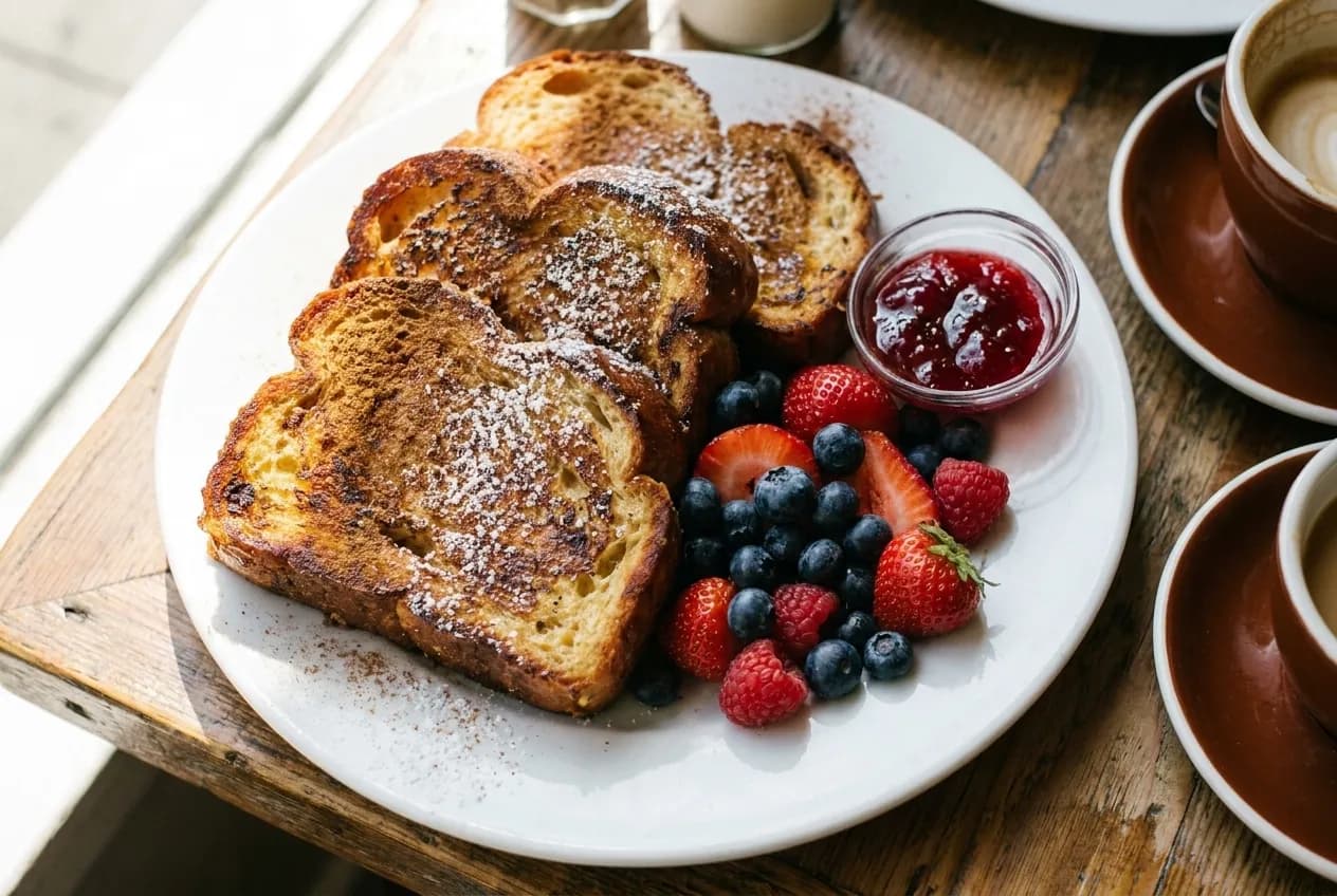 An overhead view of French toast with fresh berries and house-made jam on a cafe table in morning light.