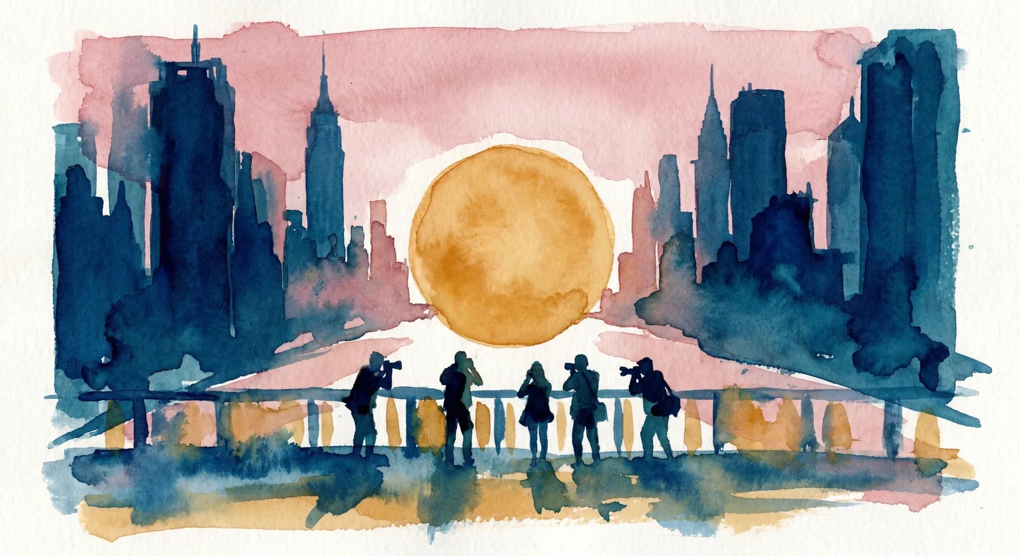 AI-generated watercolor: the Tudor City Overlook on 42nd Street in NYC at the moment of Manhattanhenge sunset, the sun as a vivid warm ochre disk centered perfectly between two rows of Manhattan skyscrapers stretching west to the Hudson River, the Tudor City pedestrian bridge in the foreground rendered impressionistically, four or five photographers as pure dark silhouettes lined up at the railing with cameras, the buildings flanking 42nd Street in deep cobalt silhouette, dusty pink sky above