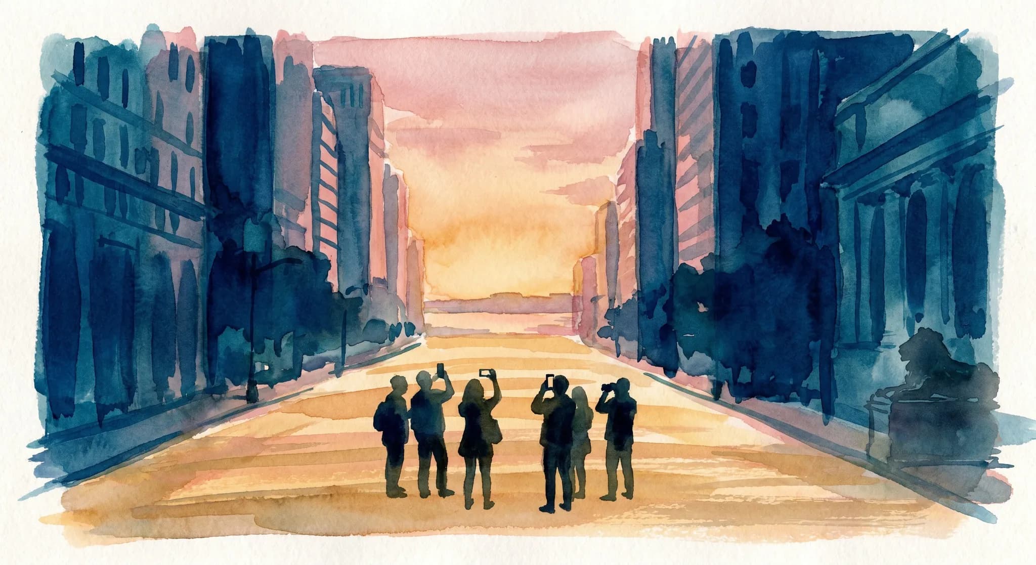 AI-generated watercolor: looking west down 42nd Street in NYC at the height of Manhattanhenge, the cross street completely empty of cars, the buildings on either side rendered as deep cobalt silhouettes converging in one-point perspective toward a distant ochre-pink horizon at the Hudson, the entire street painted with warm horizontal sunlight, six or seven people standing in the middle of the street as pure dark silhouettes with phones and cameras raised, the New York Public Library lion as faint silhouette on the right edge