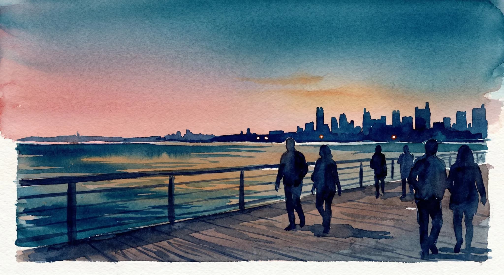 AI-generated watercolor: the Hudson River pier at the western end of 42nd Street in NYC at the moment after Manhattanhenge sunset, the sky a graduated wash from warm dusty pink near the horizon to deep cobalt overhead, the Hudson River as a wide horizontal cobalt band reflecting the last warm ochre glow, the New Jersey skyline as a small distant horizontal band of dark silhouettes with two pin-point warm lights, a few late walkers as pure dark silhouettes on the pier wood deck, twilight atmosphere