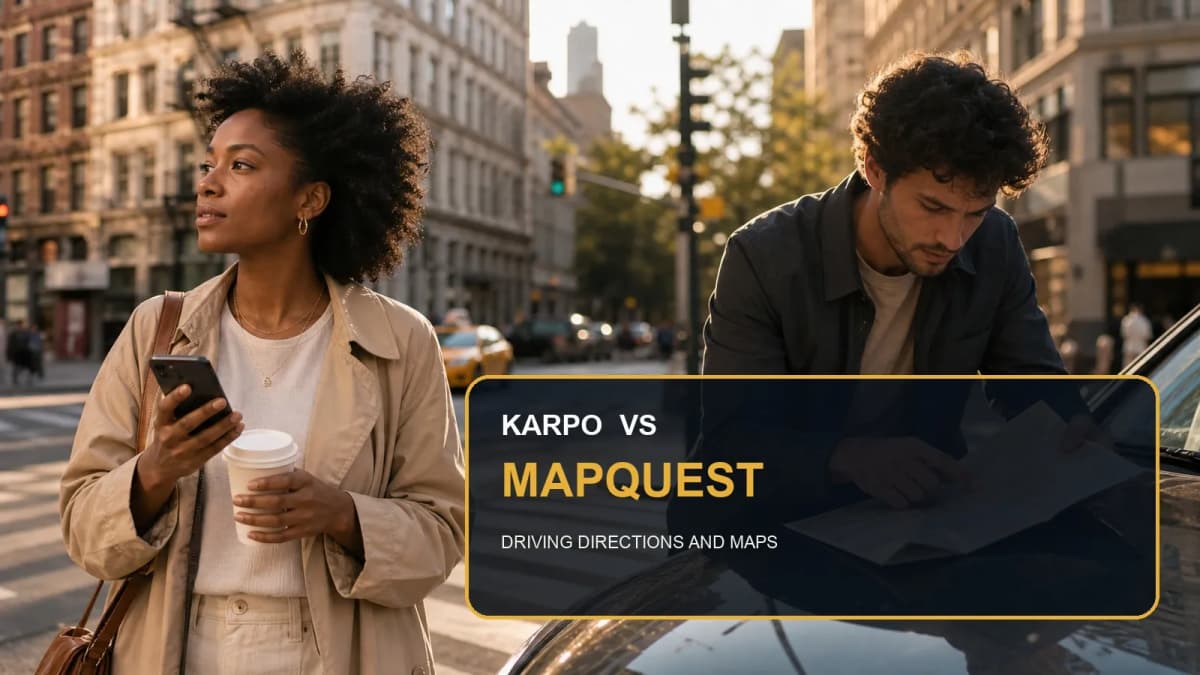 Karpo versus MapQuest in a photorealistic editorial city comparison.