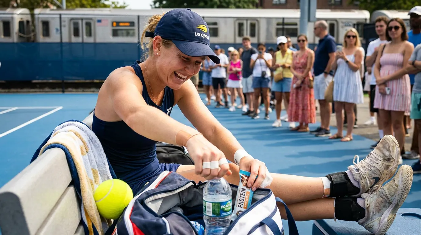 Photorealistic tennis scene illustrating Marie Bouzkova’s Counterpunching Fit for New York Hard Courts.
