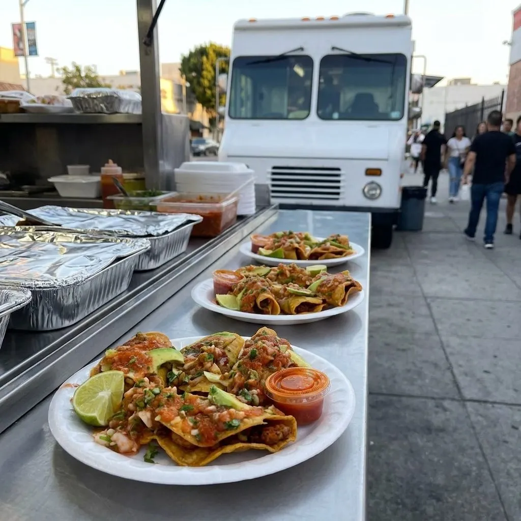 Shrimp tacos and lime wedges at a Los Angeles mariscos truck