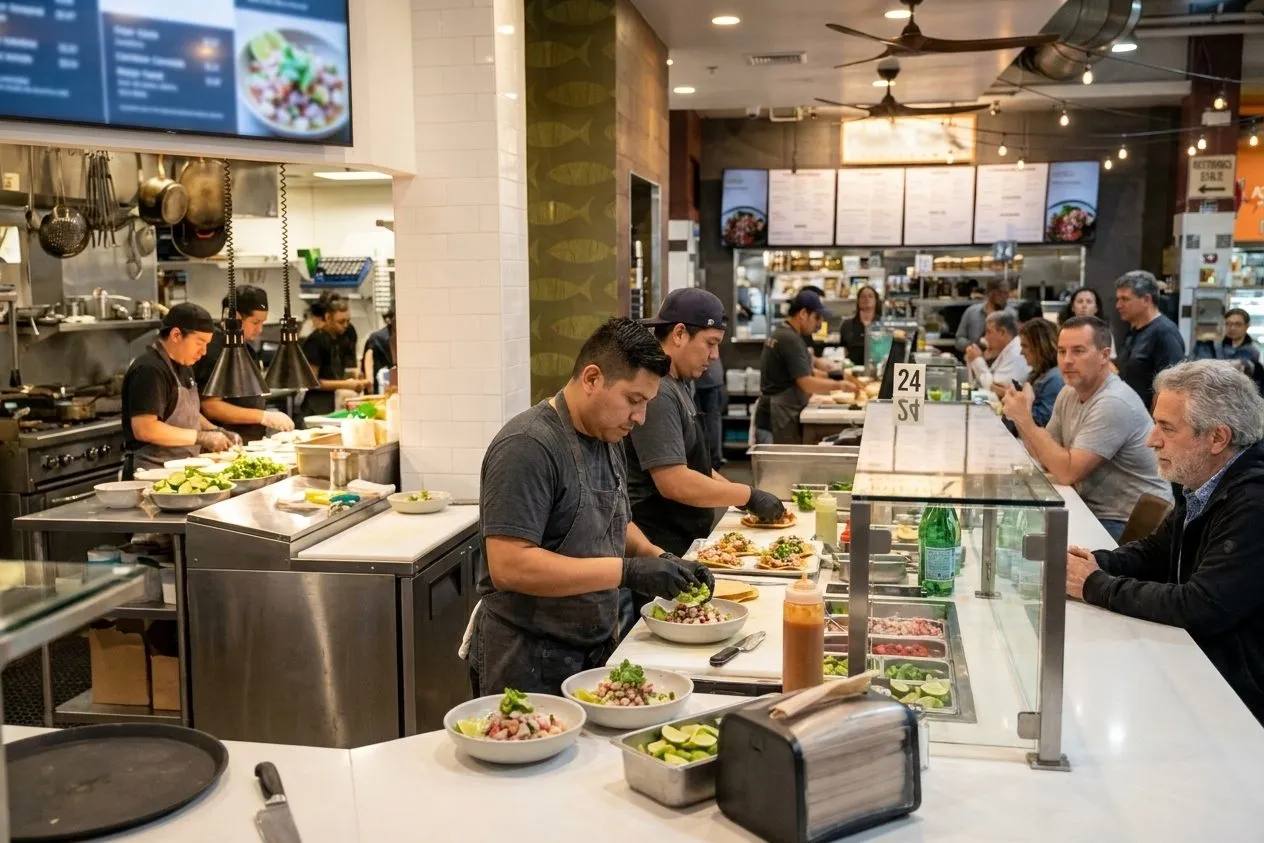 Seafood dishes being plated at a Los Angeles market counter