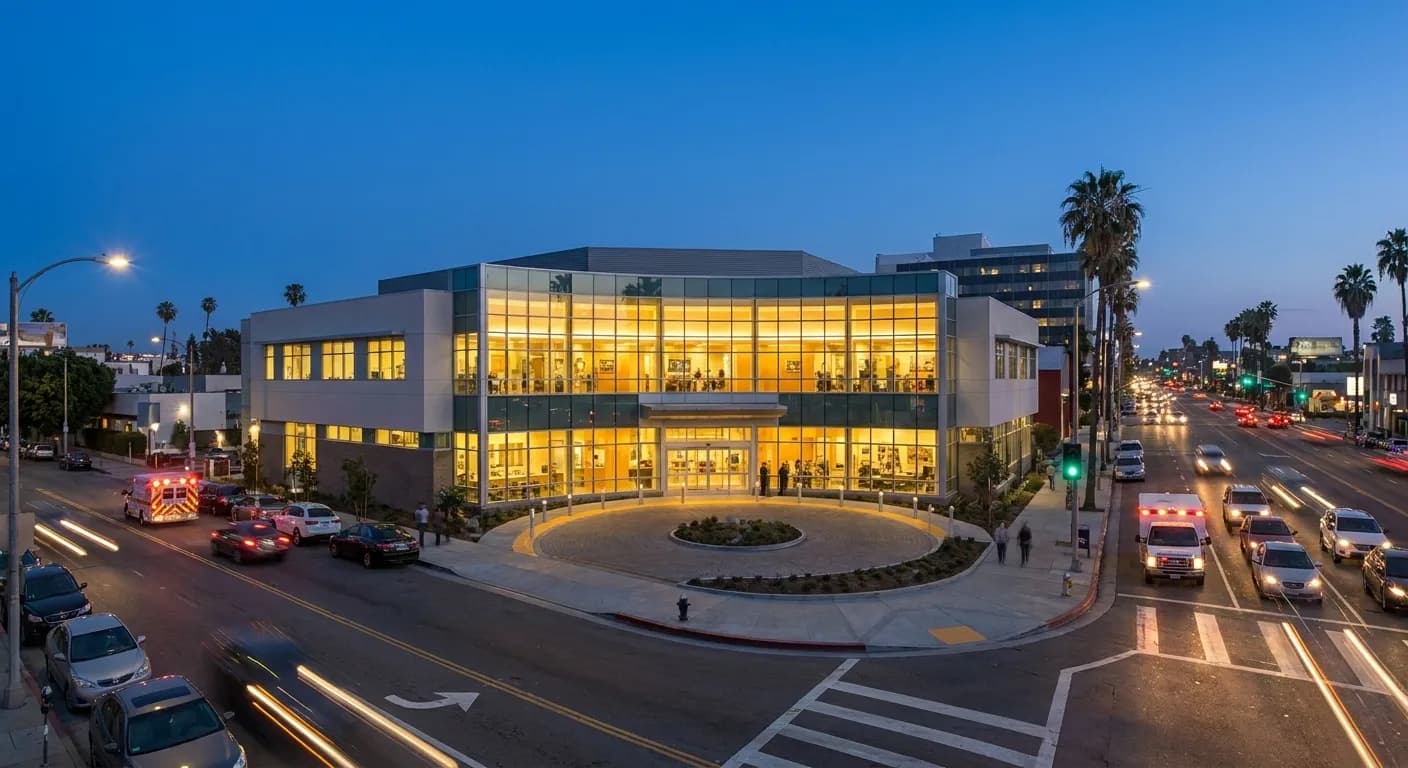 Modern veterinary hospital building on Santa Monica Boulevard with semicircular driveway and glass entrance in Hollywood