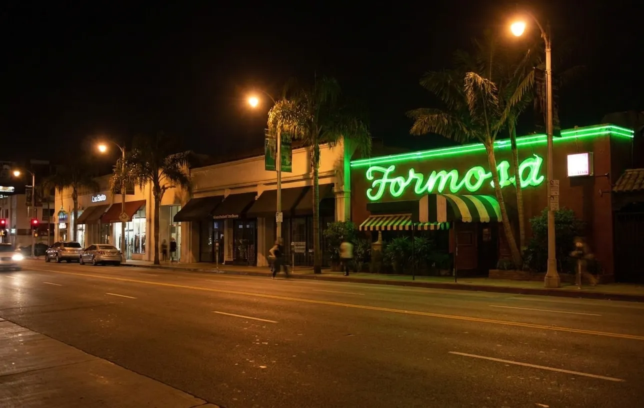 Santa Monica Boulevard at night with illuminated storefronts and street lights in Hollywood