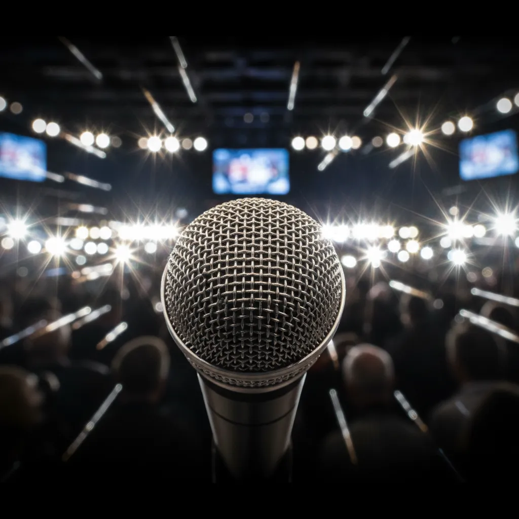 A press conference microphone in extreme close-up with camera flashes blurred in the background