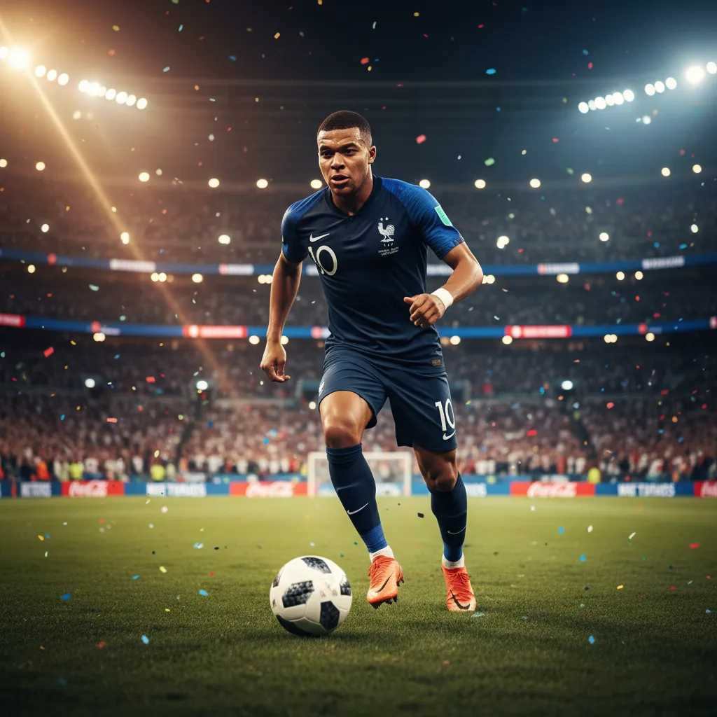 Mbappé charging forward in France jersey under stadium lights during World Cup 2026 quarterfinal