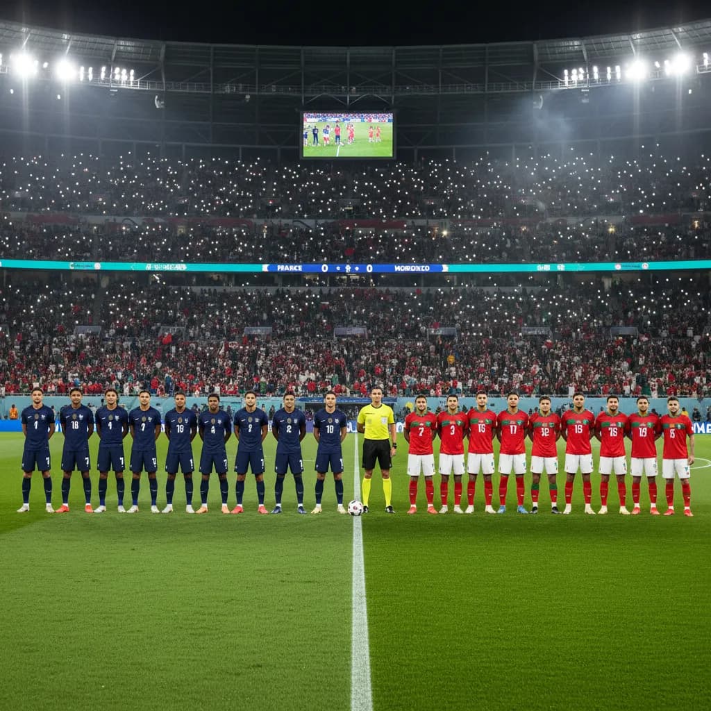 Mbappé charging forward in France jersey under stadium lights during World Cup 2026 quarterfinal