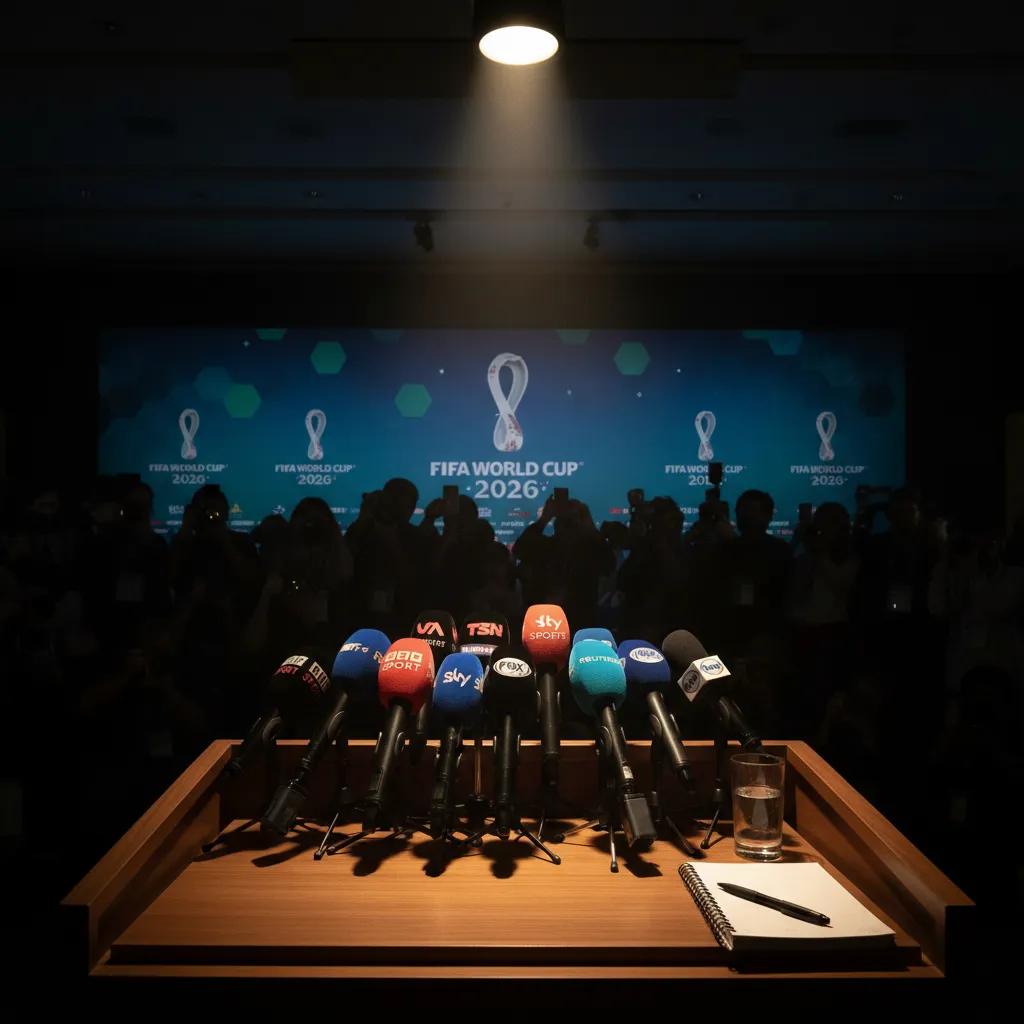 A press conference podium with FIFA backdrop and multiple news microphones arranged on the desk
