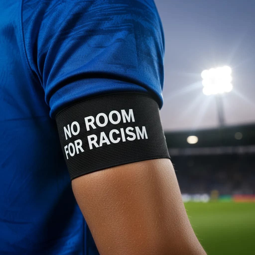 An anti-racism armband on a player's arm during a World Cup match