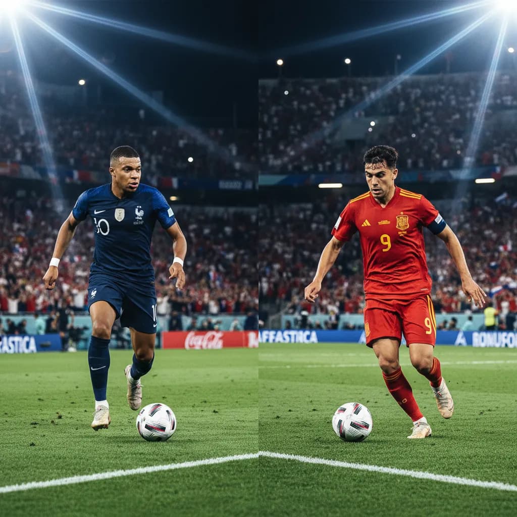 Mbappé and Yamal dribbling in France blue and Spain red during World Cup 2026