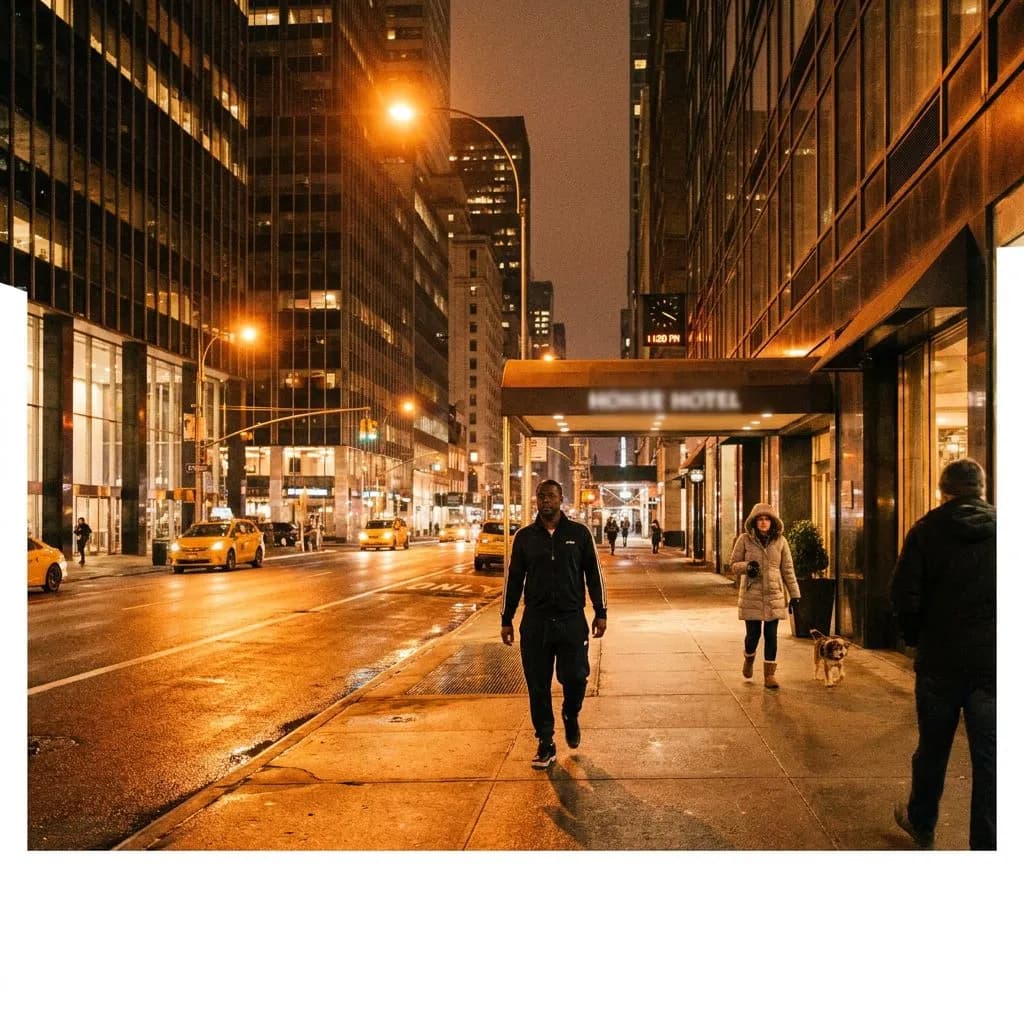 Mbappe After Dark: France's Team Hotel Quarter Late-Dinner & Recovery Walk Guide — Wide shot of East 49th Street between Lexington and Third Avenues at 11:20pm und