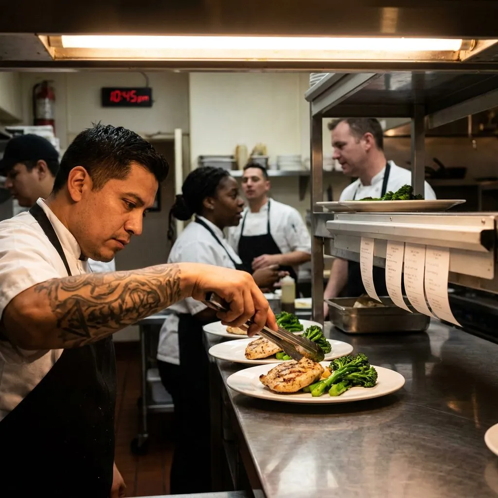 Mbappe After Dark: France's Team Hotel Quarter Late-Dinner & Recovery Walk Guide — Close moment of a Latino line cook's tattooed forearm plating grilled chicken br