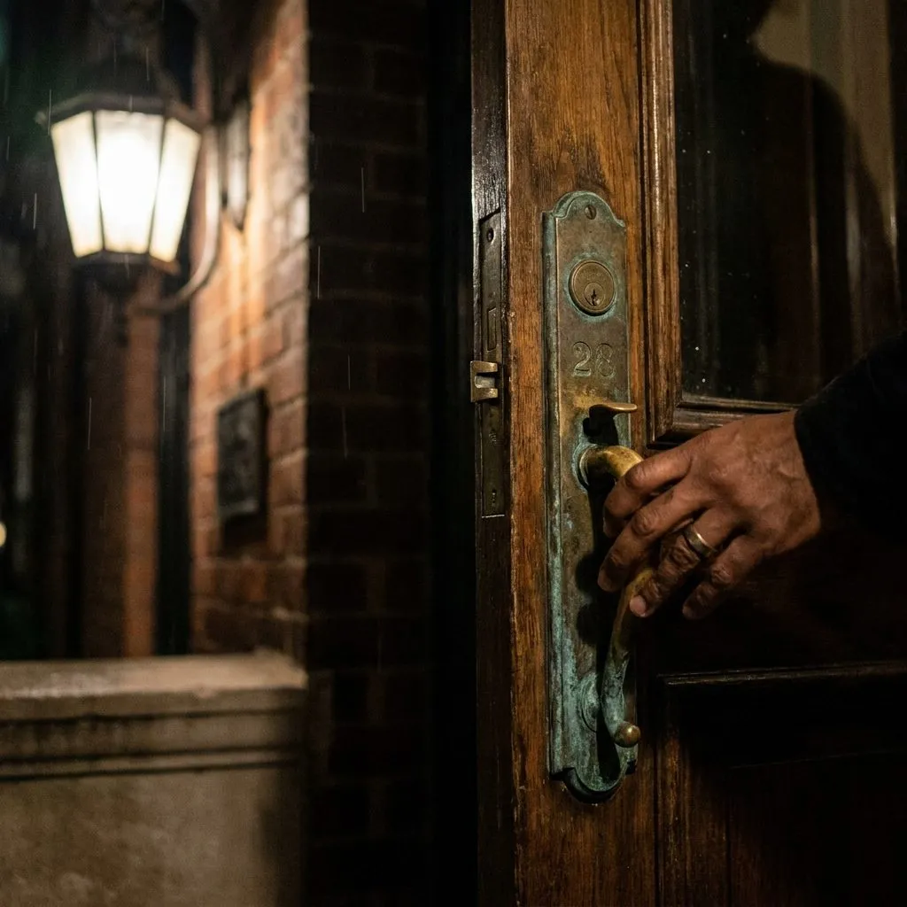 Mbappe After Dark: France's Team Hotel Quarter Late-Dinner & Recovery Walk Guide — Tight detail of worn brass door handle on a Sutton Place townhouse entrance at n