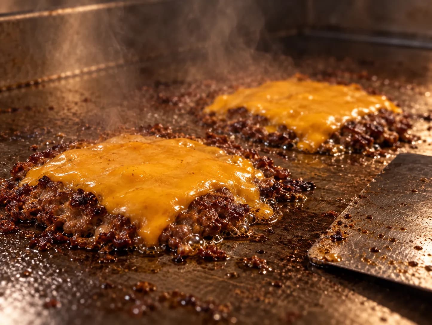 Two thin seared beef patties with melted cheese on a griddle