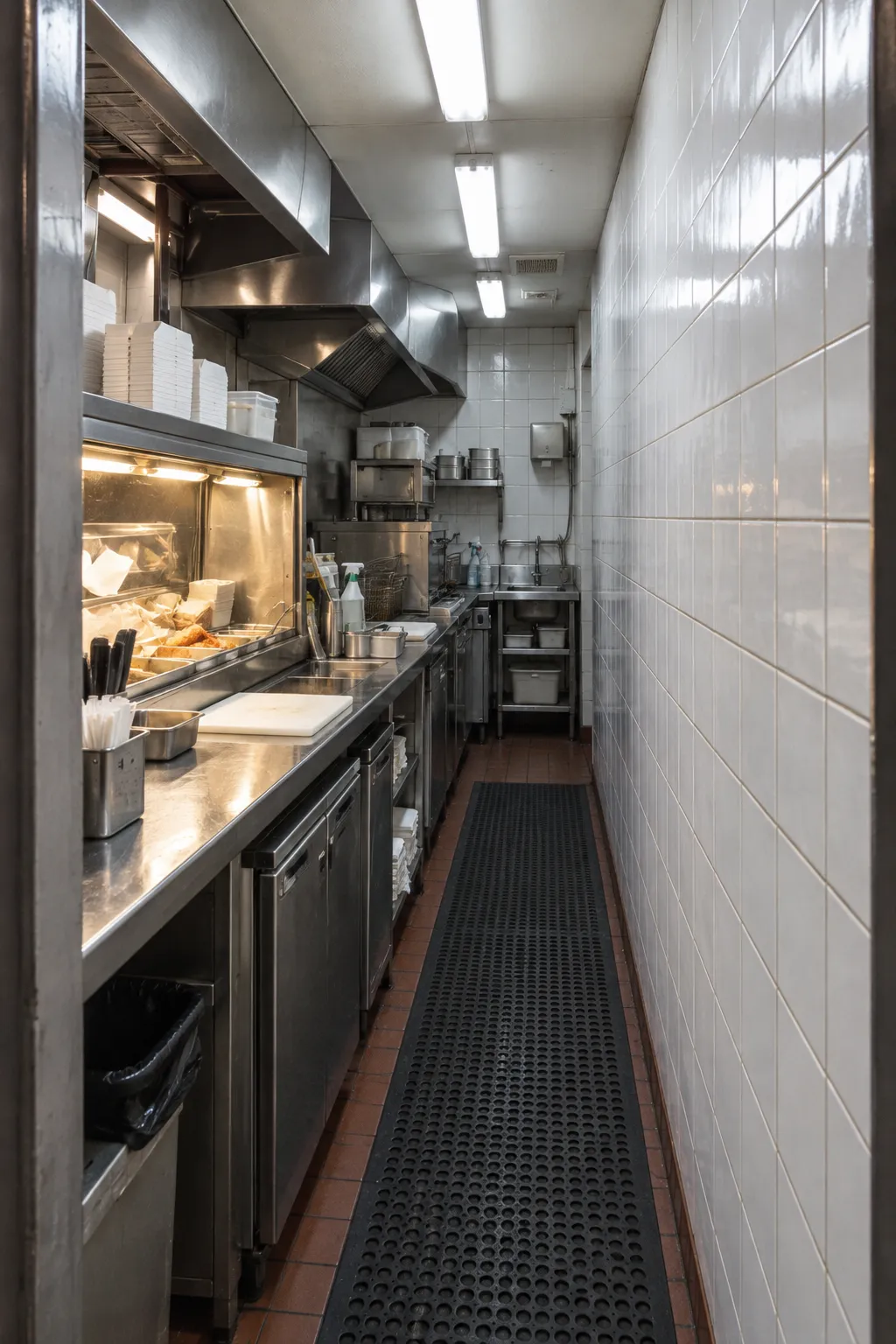 A narrow takeaway counter with a hatch and no seating