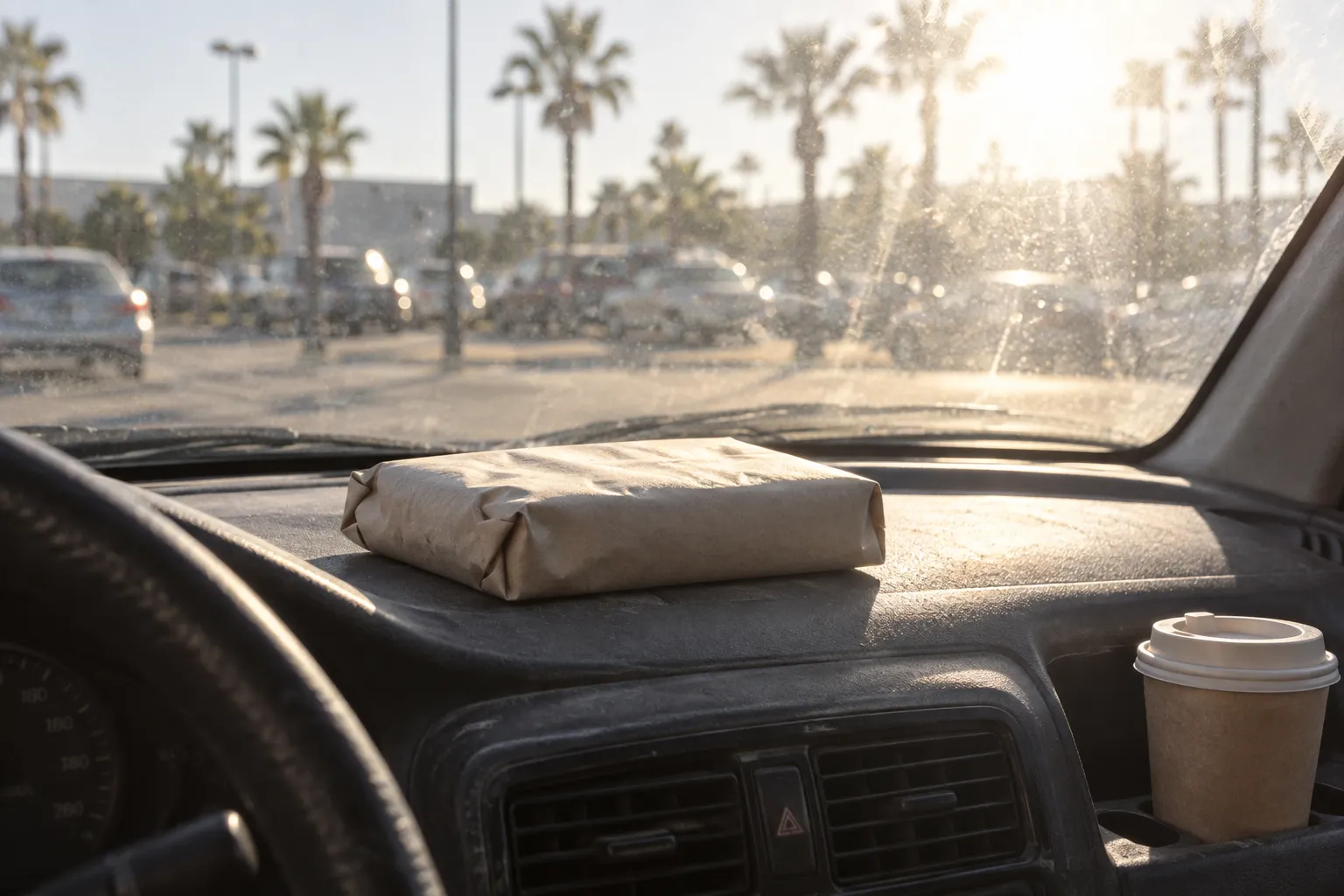 A paper-wrapped burger opened on a car dashboard