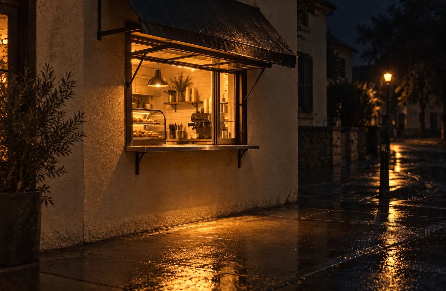 A lit walk-up window on a shopfront at night