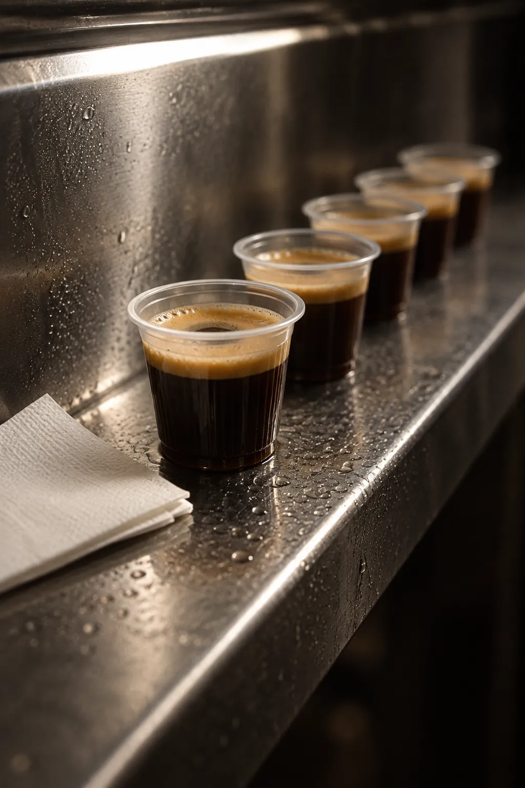 Small cups of Cuban coffee lined up on a steel ledge