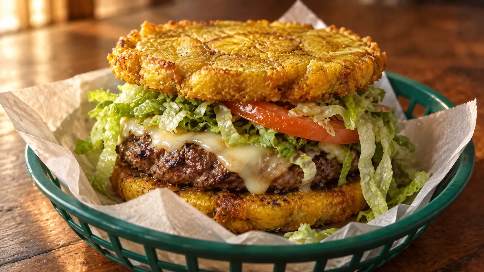A burger held together by two flattened fried plantain rounds