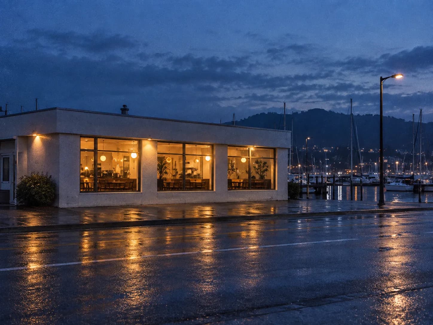 A low white building on a wide waterfront street at dusk